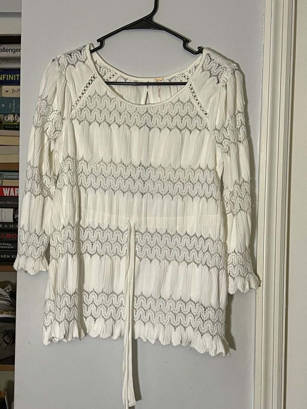 Free People Fire Island Knit Open Lace Split Back Tie Cinch Waist Top